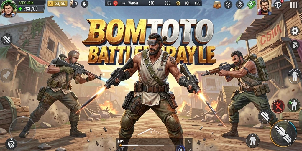 Gambaran utama gameplay BOMTOTO dalam pertempuran Battle Royale yang sengit.
