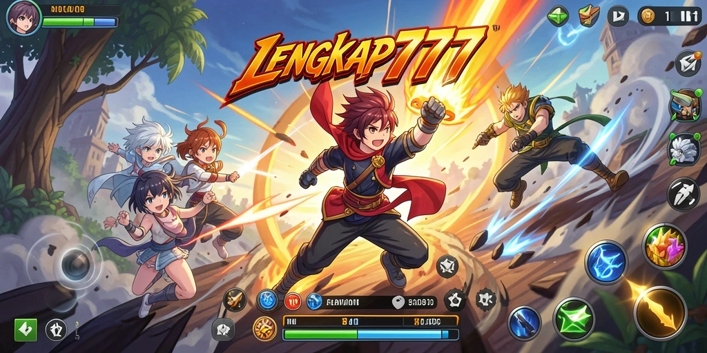 Tampilan screenshot utama LENGKAP777 menampilkan aksi pertarungan karakter anime.