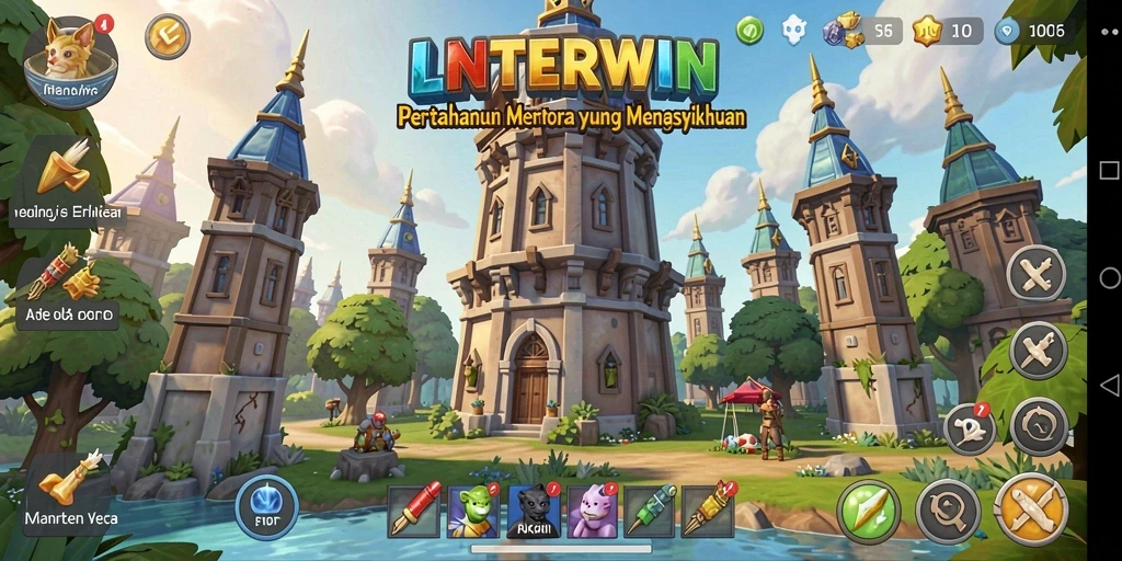 Gameplay LNTERWIN dengan pertahanan menara yang menegangkan dan strategis.