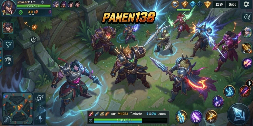 Screenshot gameplay yang menampilkan aksi seru dalam pertarungan MOBA.