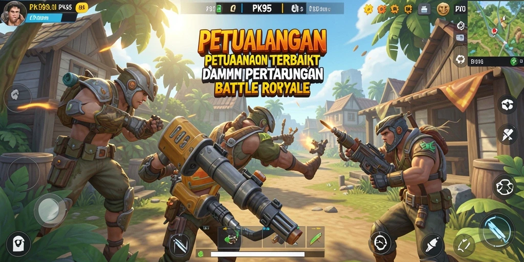 Screenshot PK95 menunjukkan aksi pertarungan intens dalam Battle Royale.