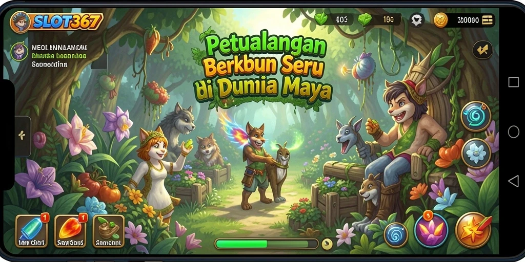 Screenshot gameplay SLOT367 menunjukkan ladang subur dengan tanaman yang beragam.
